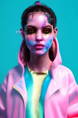 Ultra Realistic image, Rosalía artist, portrait, waist up portrait, long black eye line, sweet face, inflatable hoodie, gold pink and blue style, spray glow make up, led rings piercing nose, led ornament, fog, hot, inflatable style bubble latex coat, vibrant color, highly detailed, art stations, concept art, smooth, unreal engine 5, god rays, ray tracing, RTX, lumen lighting, ultra detail, volumetric lighting, 3d, finely drawn, high definition, high resolution.