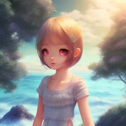 Anime little girl day, sunny, relaxing, sea, trees, real details anime style, realistic, glowing beach, 8k