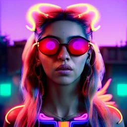 Shakira, artist, 30 years old, Realistic image, waist up portrait, etro style dress. Gucci sunglasses. Blonde, loose long hair, eyes make up, perfect, glow, circle iris. Feather, Neon colors, leds, geometric shapes. Dark background, neon lights. Cyberpunk, concept art, smooth, unreal engine 5, god lights, ray tracing, RTX, lumen lighting, ultra detail, volumetric lighting, 3d, finely drawn, high definition, 4k.