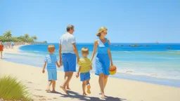 A group of people, likely a family, walking along a beach with a bright blue ocean in the background. The figures appear to be a middle-aged woman, a young child, and an older man. They are dressed in light, summery clothing and the scene has a relaxed, leisurely feel.