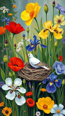 blooming garden of poppies and iris Painting in Bosch painting art style painted by Patrick heron , source pinterest , singulart or devian art , White dove nest in the middle