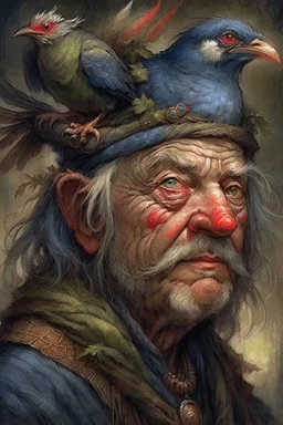 a painting of an old man with a bird on his head, a character portrait by Wendy Froud, cgsociety, fantasy art, storybook illustration, grotesque, detailed painting