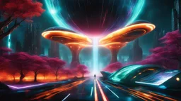 hyper realistic, tron legacy movie, space ships of the future, city of the future, green nad dark red trees , forest, yellow, blue, purple, orange, space, planets, god status creations of the universe