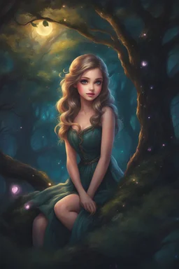 Painting of a beautiful girl, beautiful, haunted forest, pretty face, young girl, fantasy art, anime portrait, barbie face, big eyes, bright eyes, dream, trees, forest background, dark night, song, glitters background, fantasy, high quality, 8k