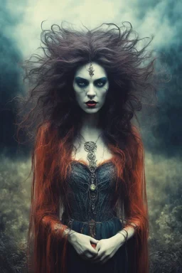 Conceptual surreal and otherworldly full body portrait photograph of a Vampire Sorceress , with highly detailed hair and facial features in the photographic style of Jerry Uelsmann, sharply focused, cross processed color image, color negative film and E-6 color slide chemicals, 8k, cinematic quality