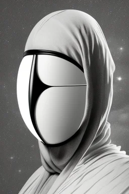 Planet Mercury portrayed as a masked human wearing robes, the right side of the mask is black with open white eye, the left side of the mask is white with closed eye.