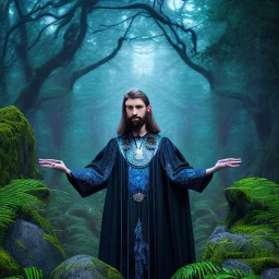 crazy detail, magical forest background, waterfall, blue but cloudy skies, portrait of man in black shiny robes,dark stone statue, lively eyes,hidden hands, framed by foliage, runes on dices, warm light, holding up scroll