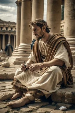 A Roman citizen of the third century, a 30-35-year-old man with kind eyes and a slight smile in poor clothes with a cross around his neck, sits on stones and writes on a papyrus scroll. He is sitting against the background of the ruins of Rome, against the background of the temple of Athena. High-quality 8K image in watercolor technique