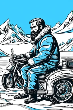 woodcut of male polar explorer with beard in profile. He is sitting on a snowmobile. The background is arctic mountain. The artwork is light blue, white, and black colored
