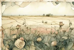 beautiful intricate rose field, soft delicate watercolor, dramatic, perfect composition, by Arthur Rackham highly detailed intricate very attractive beautiful fantastic view watercolor Arthur Rackham Jean-Baptiste Monge Egon Schiele muted tones professional Enki Bilal patchwork watercolor and ink Xuan Loc Xuan