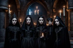 young gothic people with big dark shiny eyes, tiny nose, tiny mouth black nice cloth make a gothic party on big balkone in the castle, nightly mood,pale lights, candles, high detailed, weird, surreal mood, cinematic