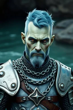 50 year old male water genasi cleric with weathered skin colored sea foam green, amber eyes, short blue-green hair, and wearing polished silver and blue chain mail armor rendered in fantasy style