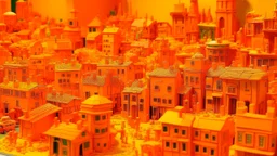 An orange colored town made out of toys painted by Vincent van Gogh