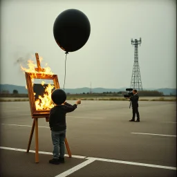 uncanny valley liminal parking lot a Picture frame on an easel is on fire; boy with a black balloon for a head, old tyme movie camera pointing to the easel, ominous radio tower in distance with concentric sound distortion around them, grainy photograph, surreal, sinister, profound, dramatic, uncanny valley, by Zdzislaw Beksinski and Kazuo Umezu, minimalism, surreal, unsettling, profound, dull colors