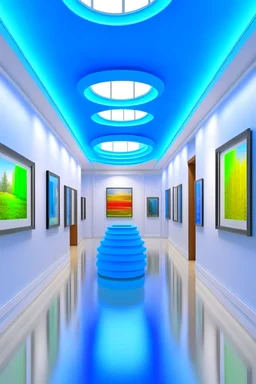 3 D-shot A hall for displaying art paintings The walls are in the shape of an oval and there is an oval wall in the middle of the hall to divide the hall into two parts and the paintings are hanging on the walls and the walls are made of glass and the colors of the glass are blue and the floor is white