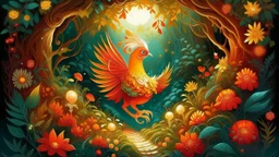 Slavic mythology fantasy illustration for bedtime story: enchanting garden with lush greenery and a beautiful stone winding path, with small tiny lanterns in the trees. Depict only one creature the Firebird. The feathers of the Firebird are vibrant red, orange, and gold, each one glowing with an otherworldly brilliance.