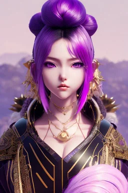 Detailed cute anime Kunoichi girl, purple hair buns, purple bangs, black latex bodysuit, intricate details, full body portrait, keep head in frame, slight smile, black Japanese motif, concept art, highly detailed, digital painting, concept art, sharp focus, illustration, art by Yoji Shinkawa, WLOP and greg rutkowski and alphonse mucha and artgerm and yanjun Chen and Junji ito and Makoto Shinkai, HDR, octane render