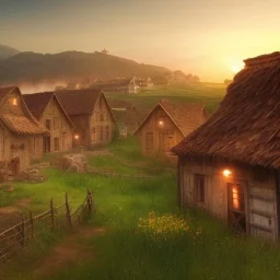 quaint fantasy medieval farming village in winter night with wooden buildings grasslands plains