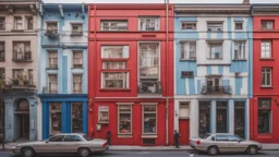 A building with a vibrant red and blue facade featuring several windows with white frames and one window with a partially drawn curtain, surrounded by a bustling city street