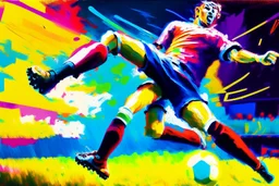 Oil painting, football match, the striker is kicking a goal, the ball is flying, bright but not neon colours, dynamic lines, dynamic blobs, spots, lines in the background of the character, like a colour explosion, A visually striking piece filled with dynamic brushstrokes, reminiscent of the impasto technique used in Vincent Van Gogh's Post-Impressionist paintings. The composition features bold colors and unblended strokes, creating a sense of depth and movement that defies traditional art style