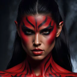 32k uhd, 2000 movie film still, young girl, muscular 8k, RAW photo, highest quality, beautiful evil girl (( muscular sara sampaio red skin demon woman, beautiful bodypaint)), (detailed face), ((bald head)), (highest quality), (best shadow), scary majesty, creepy details, goofy expressions, dark studio, muted colors, by james cameron, photoreal, 85mm, F1.4, Cinestill 800T, 8k, high quality, photo realistic, photorealistic masterpiece, cinematic lighting,