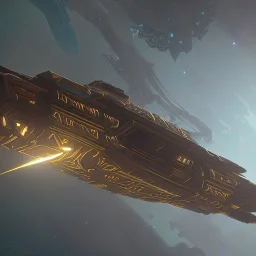 overhead view of a huge ornate spaceship made of brass and black stone flying through space