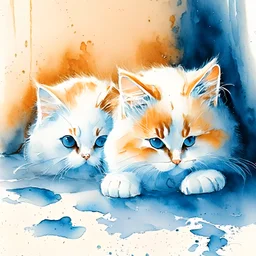 painting two cute fluffy cats with blue eyes lying on the ground, crouching under a blanket, peeking from below, hunting, cats image takes up only one third of the picture, watercolor, background orange wall, splashes, art, watercolor, pastel, ink, soft , lots of white negative space around the outside of the image, white outlines, full frame