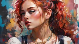 (masterpiece, best quality), 1girl, collarbone, wavy hair, looking at viewer, blurry, upper body, necklace, suspenders, floral print, ponytail, freckles, red hair, sunlight, graffiti, maximalism, wildstyle, art by Carne Griffiths and Wadim Kashin