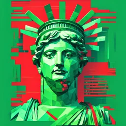 Green and red portrait of The Liberty Statue, constructivist glitch art, movie illustration, elegant