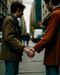 una mujer y un hombre de la mano en una calle de una ciudad. Primer plano, fotografía realizada con cámara Leica y objetivo de 50 mm. fotografía en color. Colores alegres