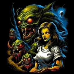 High_Quality_Art Digital Painting of Science experiment Horror girl Monster creature by Richard Corben, Todd Schorr, T-Shirt Design, Black Background,