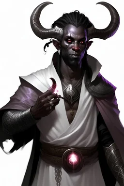 En Young male Black skin black hair tiefling Wizard with large horns glowing Silver and White symbols Everywhere on his body. He's wearing silver and White Rope and a silver cloak. His horn a perfectly place on acet from the front to the back pointing upwards with glowing Red cat Eyes. His close is elegant get simple his horns Are Same size. A little bit of Purple. His hand behind his back