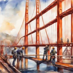 building the golden gate bridge featuring togetherness and teamwork, men on unfinished bridge Steel I beams doing work, detailed watercolor with fine brush strokes, artistic, volumetric natural lighting, concept art, beautiful, trending on Midjourney