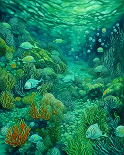 A bluish green underwater coral reef with globs painted by Vincent van Gogh