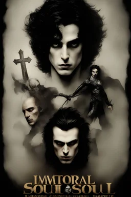 Movie Poster -- "Immortal Soul," Starring Paul Stanley as the evil vampire and Timothee Chalamet as Malcolm Stark - After witnessing the murder of his wife, at the hands of an evil vampire, he vows to avenge her death - in the art style of Boris Vallejo, Frank Frazetta, Julie bell, Caravaggio, Rembrandt, Michelangelo, Picasso, Gilbert Stuart, Gerald Brom, Thomas Kinkade, Neal Adams, Jim Lee, Sanjulian, Thomas Kinkade, Jim Lee,