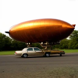 award winning photograph of a steampunk house-fly ufo genetic-spliced dirigible designed by only one vehicle per image painted metallic orange traveling at a high rate of speed, jet intake off of front center of vehicle and jet exhaust out the rear bilaterally symetrical, more a high speed road vehicle