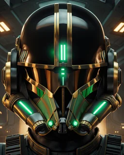 star wars bald male corellian pilot wearing black and bright gasoline green First Order special forces TIE pilot commando armored flightsuit and helmet with gold trim inside the jedi temple, centered head and shoulders portrait, hyperdetailed, dynamic lighting, hyperdetailed background, 8k resolution, volumetric lighting, light skin, fully symmetric details