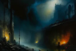 oil painting in the style of William Turner, Rembrand, Hieronymus Bosch, Alexander Kozhanov: a dystopic dark enviroment. colors run partially, oil paints on canvas. dramatic painting effects, fine crackles, mystic dark mood. horror, science fiction, depression. postapocalypse. nebular.