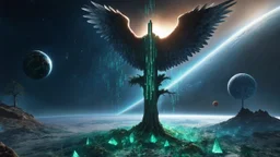 matrix universe, space, planets, god creation, angels from other dimensions with beautiful wings, trees on the planet, behind green crystals of light, few tiberium monolith deposits on the planet near tree,