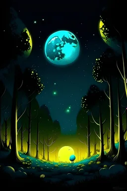 cute, kids friendly, no children, cute clear yellow full moon, blue night, dark green forest, wallpaper, beautiful
