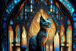 Futuristic cat shaped fancy candles, H.R. Giger style stained glass cathedral, Caravaggio, James Jean, Erin Hanson, hyperdetailed, backlit
