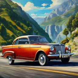 Painting, art deco, art nouveau, fast driving a Opel Olympia Rekord in italy, coast mountains 1980, Ultra HD, realistic painting, 8K