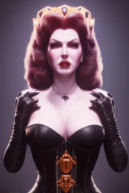 Lana Turner as evil queen in black leather, leather, busty, cleavage, angry, stern look. character design by cory loftis, fenghua zhong, ryohei hase, ismail inceoglu and ruan jia. unreal engine 5, artistic lighting, highly detailed, photorealistic, fantasy