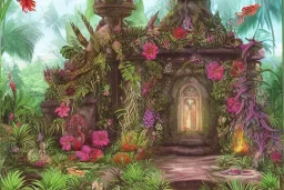 Lilith, Goddess, tropical flowers, heart chamber, crystals, tropical leaves, sacred altar, old temple. Fantasy house.