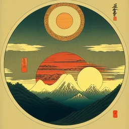 Ukiyo-e styled art, yin and yang sign, mountains and sun