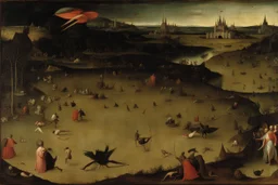 View of Elysium with dark female flying around over people running away in fear, creatures crawling, Hieronymus Bosch