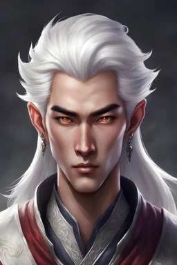 Generate a dungeons and dragons character portrait of the face of a male sorcerer handsome yuan ti purblood. He has white hair and eyebrows. He's 19 years old.