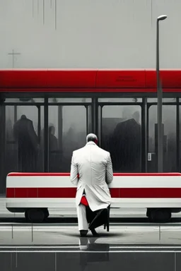 A lonely man waiting for bus in white suit red tie and black shoes