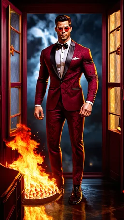 Hyper Realistic Photographic View of a handsome muscular Fire-Superhero wearing long-fancy-Maroon-tuxedo damask-patterns on it & wearing fancy-red-sunglasses with flame-embers-around-him & standing on a vintage-crafted-balcony & maroon-open-fancy-windows & fancy-damask-wallpapers on walls at dark night showing dramatic & cinematic ambiance.