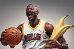 michael jordan wearing a banana mustache, shooting a basketball and crying, photorealistic